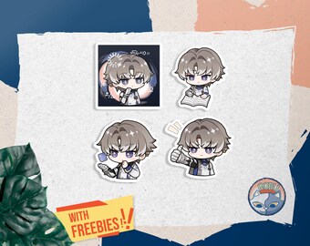 May include: Set of four stickers featuring an anime-style character with gray hair and purple eyes. The stickers depict the character in various poses, including reading a book, holding a card, and giving a thumbs-up. The stickers are on a white background with a blue and orange design.