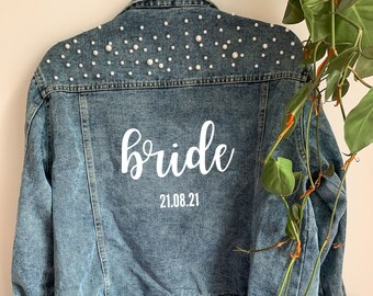Custom Date Bride Denim Jacket | Pearl Denim Jacket, Bride Pearl Denim Jacket, Bridal Jacket, Wedding Jacket, Mrs Denim Jacket