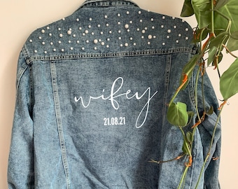 Pearl Denim Jacket | Wifey Denim Jacket, Bride Denim Jacket, Bride Jacket, Pearl Jacket, Mrs Jacket, Bridal Jacket