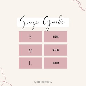 May include: Size guide chart with three sizes: S, M, and L. Each size corresponds to a UK size range: S is 8-10 UK, M is 12-14 UK, and L is 16-18 UK.
