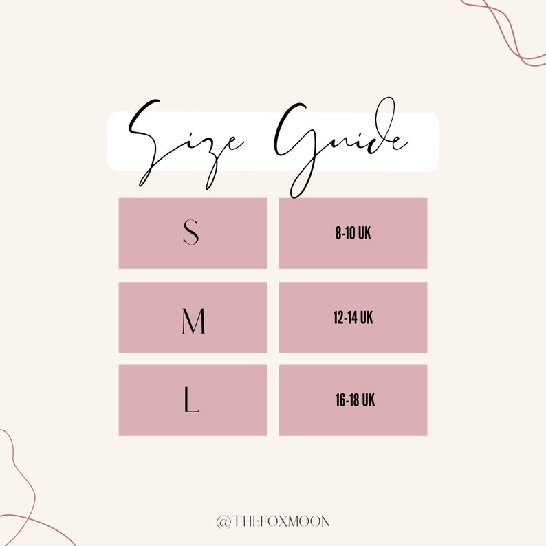 May include: Size guide chart with three sizes: S, M, and L. Each size corresponds to a UK size range: S is 8-10 UK, M is 12-14 UK, and L is 16-18 UK.