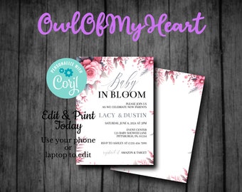 Pink Floral Baby In Bloom Baby Shower Invitation Instant Download
