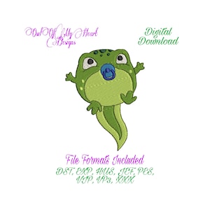 May include: Green embroidered design of a baby frog with a blue pacifier. The design includes the text "Owl Off by Heart Designs" and "Digital Download". File formats included: DST, EXP, HUS, JEF, PES, VIP, VP3, XXX.