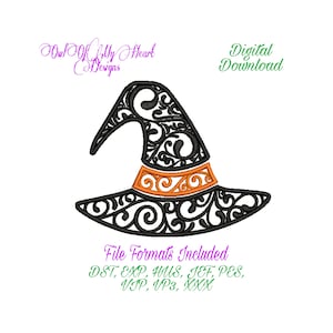 May include: Black and orange witch hat embroidery design with intricate details. File formats included: DST, EXP, HUS, JEF, PES, VIP, VP3, XXX.