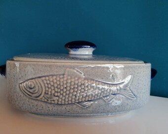 Original vintage Germany 70er fish soup bowl fish plate with cap grey blue made of ceramic