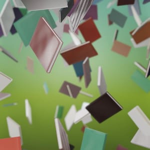 May include: An artistic rendering of numerous books in various colors, including red, green, and white, seemingly suspended in mid-air against a gradient green background. The books are of different sizes and orientations, creating a dynamic and visually engaging composition.