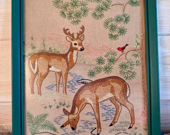 Vintage MCM Needlepoint Embroidery White-tail Deer Piece Framed