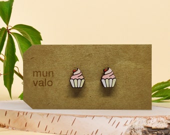 Cupcake Earrings, Handmade Wooden Stud Earrings