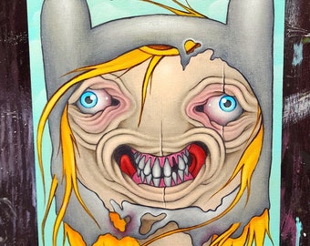 May include: A painting of a cartoon character with a large, toothy grin. The character has a gray hat with a hole in it and yellow hair. The background is a light blue color.
