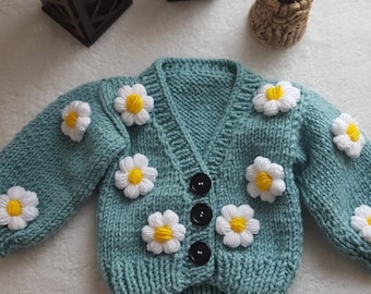 HandKnittedMssAlinaa Baby Handmade Floral Cardigan,Daisy Flower Cardigan, Girl Clothes, Hand Knit Cute Cardigan, Merino Wool, Cotton cardigans(0 -6Years)
