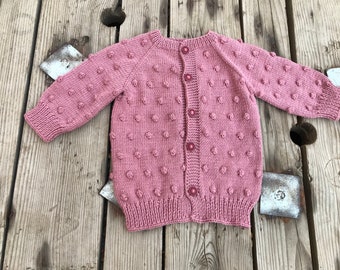 Handmade popcorn baby cardigan, unisex jacket, crochet cardigan, soft baby sweater, knit baby pink cardigan, knitted baby clothes