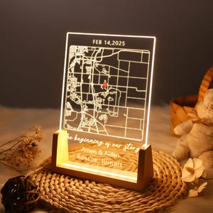 Benutzerdefinierte Paar Karte Nachtlicht, personalisiert unser erstes Date Acryl Plaque, Memory Ort Plaque, Tischlampen, 9. Jahrestag Geschenk, ideales Geschenk