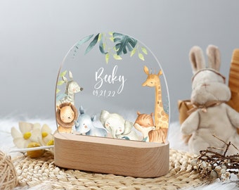 Veilleuse de zoos, girafe lion mignon, animaux de safari éléphant zèbre imprimés, veilleuse avec nom personnalisé, cadeau prénom bébé, décoration de chambre d'enfant