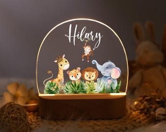 Custom Safari Animals Night Light, Cute baby lion monkey elephant Printed, Personalized Name Night Light, Zoo Baby Name Gift, Nursery Decor