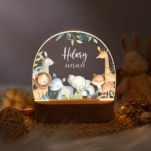 Warmes Licht niedlichen Tiere Zoo Nachtlicht, Löwe Giraffe Elefant Zebra gedruckt, personalisierte Name Nachtlicht, Baby Name Geschenk, Kinderzimmer Dekor
