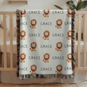 Coperta personalizzata per neonati a forma di leone, coperta con nome personalizzato, coperta tessuta personalizzata con nome, coperta per neonati a forma di leone, regalo per baby shower, decorazioni personalizzate per la cameretta dei bambini