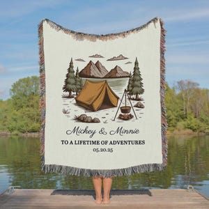 Camping Blanket With Coulp Name,Personalized Camper Blanket,Custom Adventure Woven Cotton Tapestry,Gift For Camping Person,Traveler RV Gift