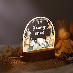 Cute Lion Giraffe Zoos Night Light,Elephant Zebra Safari Animals Printed,Custom Name Night Light,Baby Name Gift,Nursery Decor