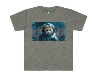Cute Cat in a Space Suit Digital Artwork Unisex Softstyle T-Shirt Gift Present Sci Fi Collector Mother's Day Novelty Pet Owner Animal Lover