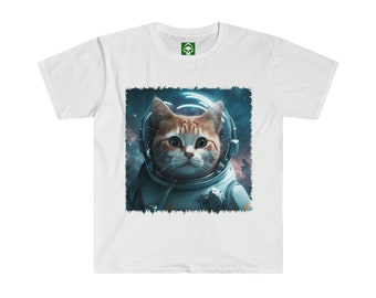 Cute Cat in Space Suit Original Digital Artwork Unisex Soft T-Shirt Gift Sci Fi Collector Mother's Day Novelty Pet Owner Animal Lover