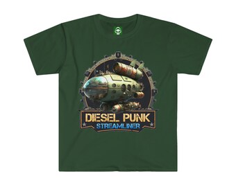 Diesel Punk Streamliner Skyship Unisex Softstyle T-Shirt Gift Present Sci Fi Car Mechanic Collector Auto Racing