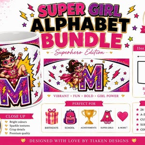 Super Girl Alphabet Mug Wrap Bundle PNG | A-Z Superhero Girl Letters | Personalized Name Mug Wrap | 26 Letter Sublimation PNG | 11oz MugWrap