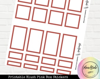 May include: Printable blush pink box stickers on a white background. The stickers are rectangular with rounded corners. The text "Print & Cut" is at the top of the sheet. The text "Plan Atude" is at the bottom of the sheet.