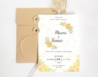 Yellow and Orange Floral Wedding Invitation | Wedding Invitation Template | Printable Invitation | Easy Download and Edit in Canva