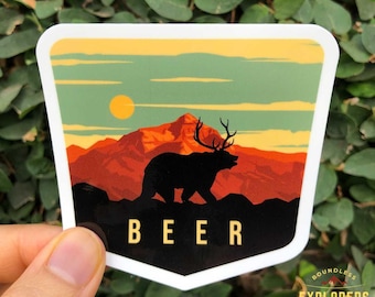 BEER = Bear + Deer Sticker: Waterproof Vinyl Decal for Water Bottle, Laptop, Car