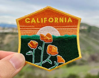 California Poppies Flower Patch: 2.75-Inch Iron-On Embroidered Badge for Backpack, Jacket, Bag