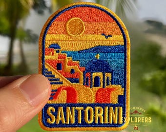Santorini Greece Patch: 2.75-Inch Iron-On Embroidered Badge for Backpack, Jacket, Bag