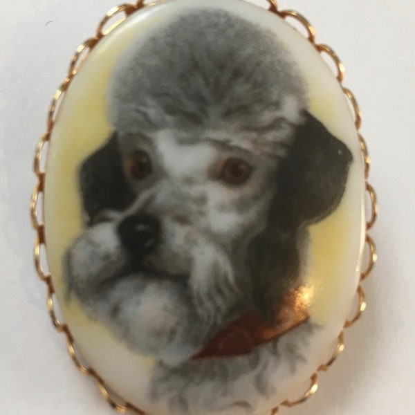 Vintage Porcelain Poodle Goldtone Cameo Brooch Pin