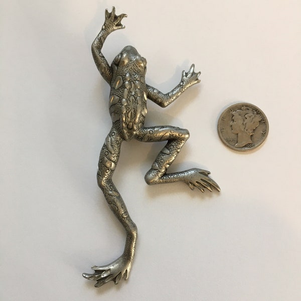 Large Vintage JJ Jonette Silver Pewter Frog 4" Brooch Pin Signed Jewelry