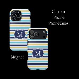 Monogram iPhone Pro Max 17 Hydrangea Magnetic Impact-Resistant Cases Preppy Nantucket Striped Aesthetic Blue Stripes