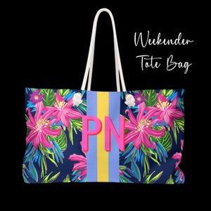 Blue Stripes Mahj Tile Tote: Preppy Shadow Print Gift for Mama Needlepoint Gift Pink Floral Monogram Mahjong Bag Crafter Weekender Tote