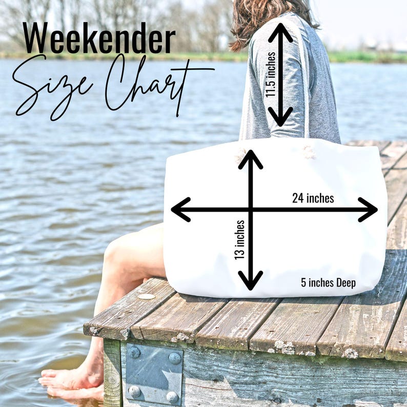 May include: White Weekender tote bag size chart. The bag is 24 inches wide, 13 inches tall, and 5 inches deep. The straps are 11.5 inches long. The text "Weekender Size Chart" is in the upper left corner.