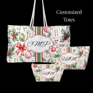 May include: A large tote bag and two smaller pouches featuring a Christmas-themed pattern with holly, red bows, ornaments, and mahjong tiles. The bags have a central white oval label with the text CMP or HJM. The text Customized Totes is visible.