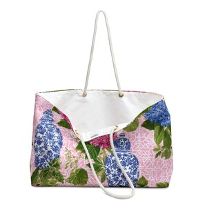 Floral Mahj Tile Tote: Asian Vase Aesthetic Gift for Mama, Chinoiserie Gaming Gift, Striped Mahjong Bag, Hydrangea Aesthetic Weekender Tote image 3