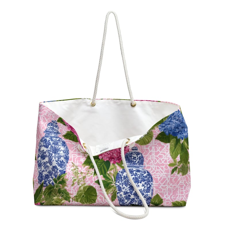 Floral Mahj Tile Tote: Asian Vase Aesthetic Gift for Mama, Chinoiserie Gaming Gift, Striped Mahjong Bag, Hydrangea Aesthetic Weekender Tote image 3