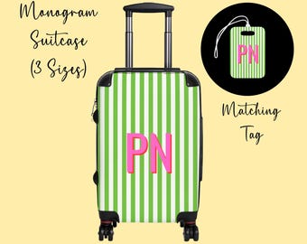 Monogram Green Stripes Carry On Suitcase, Mahjong Supplies Shadow Font Text Personalized Store Owner Briefcase for Mahj Monday's