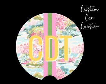 Yellow Shadow Font Initials Car Coaster Custom Pink Stripes Preppy Pastel Floral Sandstone Auto Accessories Girl's New Car Pink