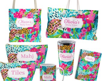 Mahjong Accessories: Game Night Tumbler 20 oz, Mahjong Mug, Prize Giveaway Ideas, Custom Floral Leopard Mahj Cup, Gift for Hostess