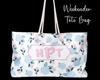 Blue Floral Mahj Tile Tote: Animal Print Grandmillennial Gift for Mama, Gaming Gift, Monogrammed Mahjong Bag, Crafter Weekender Tote