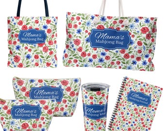 Mahjong Floral Tile Bag: Game Night Bags, Personalized Mahjong Gift, Custom Mahj Club Bag, Red Rose Make Up Tote