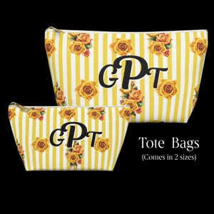 Mahjong Tile Bag Zipper Pouch Monogram Travel Bag Script Initial Font Yellow Roses Stripes Preppy Personalized Floral Large Tote