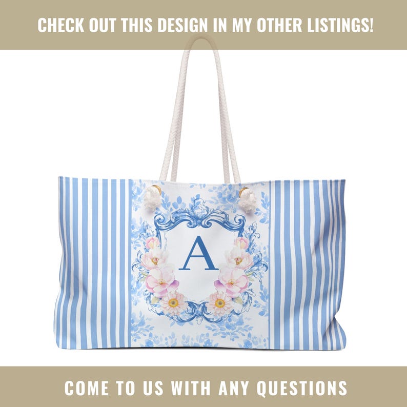 Puede incluir: Bolso tote grande con rayas azules y blancas y asas de cuerda. El bolso presenta un dise&ntilde;o floral con la letra "A" en el centro. El texto "CHECK OUT THIS DESIGN IN MY OTHER LISTINGS!" y "COME TO US WITH ANY QUESTIONS" est&aacute;n arriba y abajo.