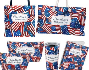American Flag Mahjong Accessories: First Name Game Night Bags, Mahjong Gift, Custom Mahj Club Bag, Patriotic Make Up Tote