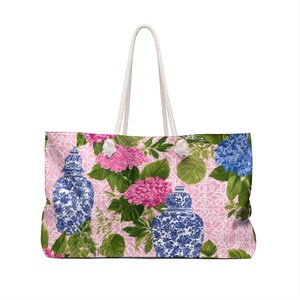 Floral Mahj Tile Tote: Asian Vase Aesthetic Gift for Mama, Chinoiserie Gaming Gift, Striped Mahjong Bag, Hydrangea Aesthetic Weekender Tote image 2