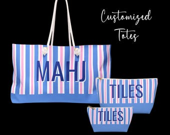 Bolsa con cremallera para Mahjong con rayas rosas, bolsa para fichas, bolsa de viaje, fuente Blue Shadow, bolso grande preppy personalizado con inicial de letra, bolsa para dados