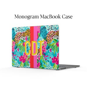Monogram Glossy MacBook Case Air Pro Personalized Laptop Cover Tech Custom Preppy Initials Name Preppy Stripes Leopard Pink Stripes